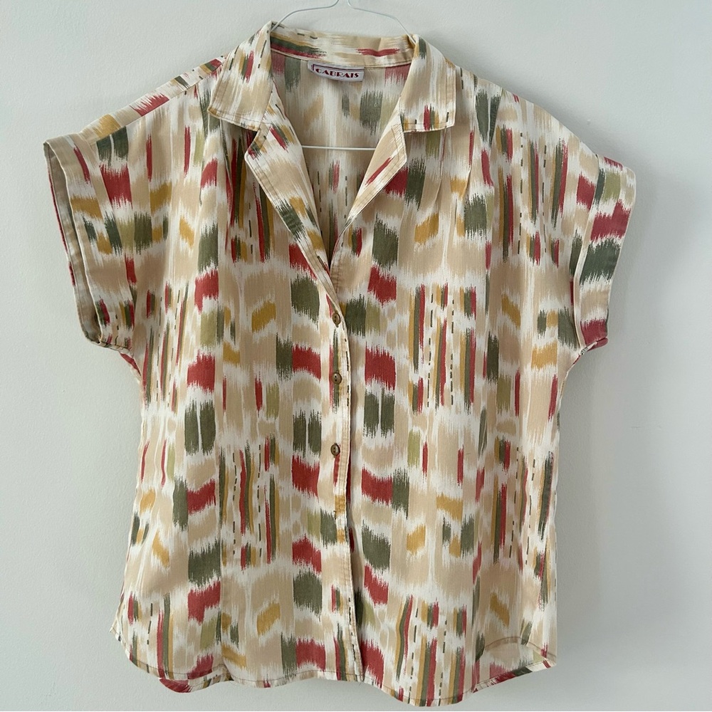 Vintage CABRAIS Multicolor Ikat Patterned short sleeve Button Down Shirt